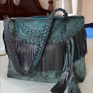 Elegant Braided Leather Shoulder Bag - Teal and Charcoal